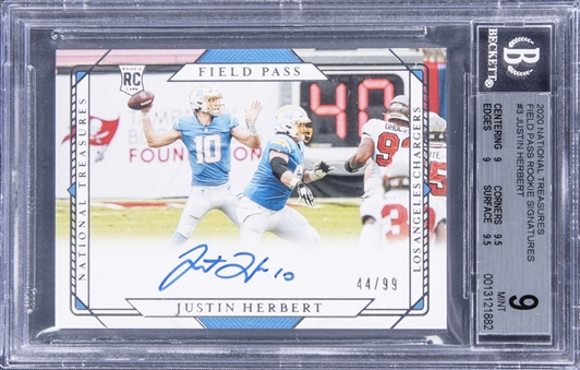 2020 Panini National Treasures "Field Pass Rookie Autographs" #FP-JH Justin Herbert Signed Rookie Card (#44/99) - BGS MINT 9/BGS 10